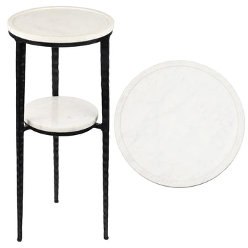 Seraphina 24.75" Industrial 2-Tier Metal Frame Drink Table and Decorative End Table with White Marble Round Top